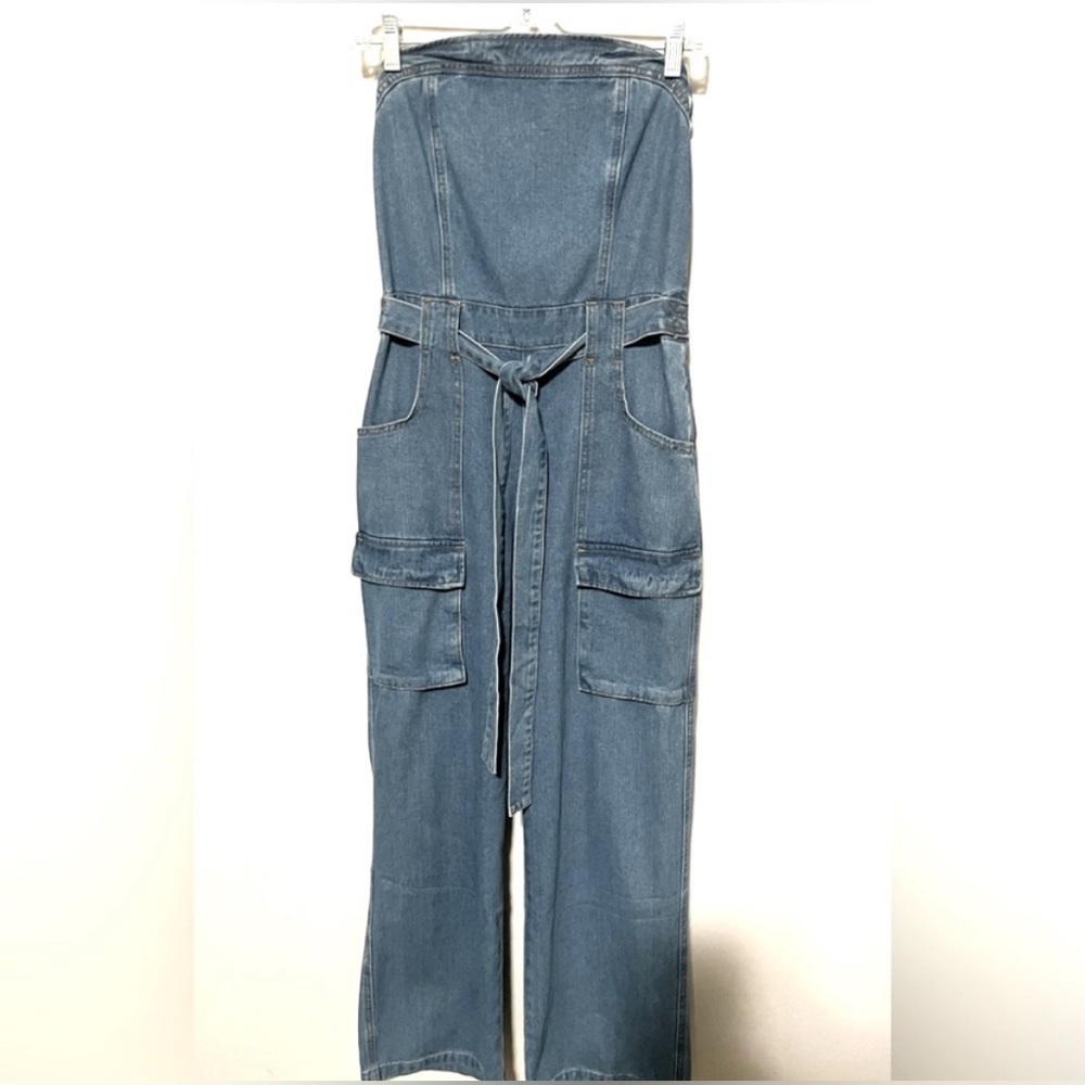 NWT Sincerely Jules Strapless Belted Cargo Pant Blue Lt Wash Denim Jumpsuit Med